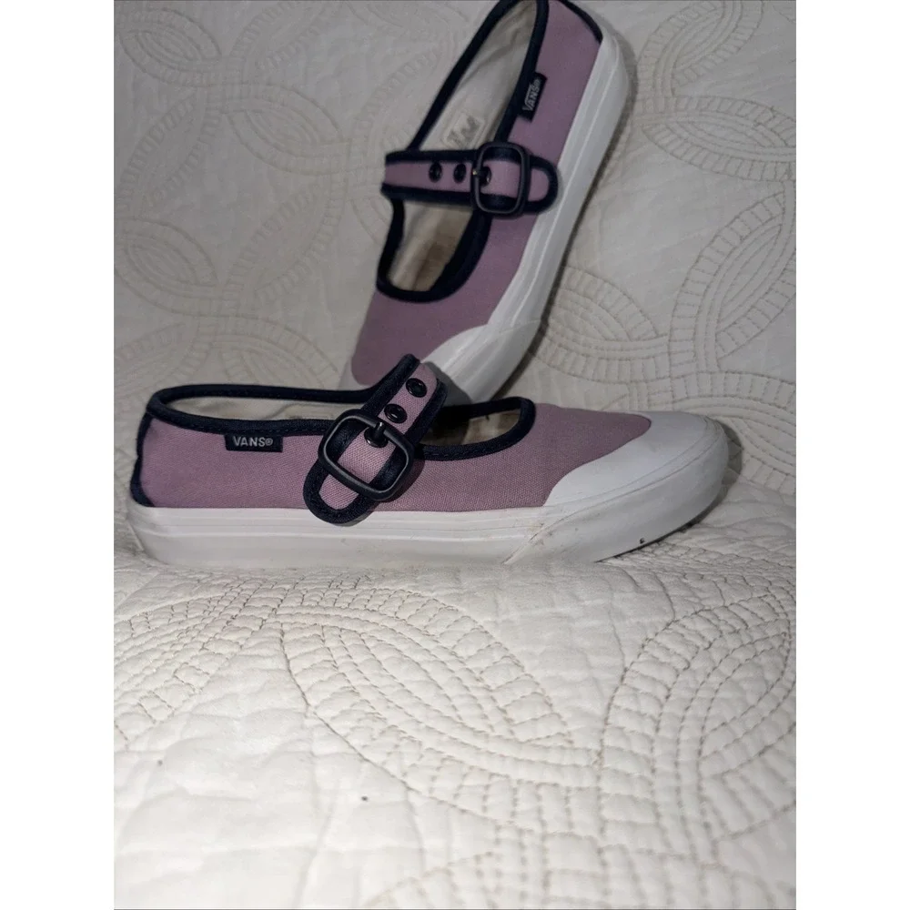 Vans Mary Jane Kids Size 2.5 Lavender Purple Navy Blue Canvas Buckle Shoes